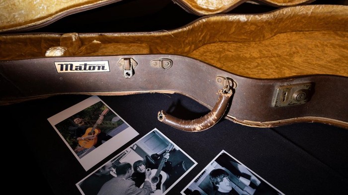 Guitars and outfits of various music icons are displayed during the Julien's Music Icons Auction preview at Hard Rock Cafe in New York City, U.S., May 21, 2024.   REUTERS/Caitlin Ochs