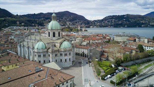 Aerial photo shooting with drone on Como, famous Lombardia city on the Como Lario Lake