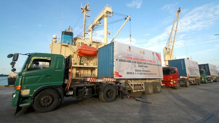 Sejumlah truk kontainer mengangkut jagung pada pelepasan pengiriman jagung di Pelabuhan Anggrek, Kabupaten Gorontalo Utara, Gorontalo, Rabu (29/5/2024). Mentan melepas ekspor jagung Gorontalo ke Filipina dengan jumlah 50 ribu ton senilai Rp209 miliar dan pengiriman pasar domestik 10 ribu ton dari total 264 ribu ton untuk periode bulan Januari hingga Mei 2024. ANTARA FOTO/Adiwinata Solihin/wpa.