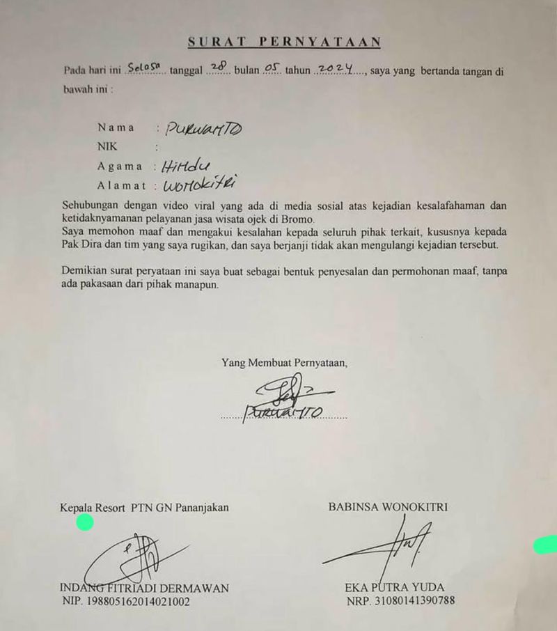 Surat permohonan maaf getok harga ojek Bromo