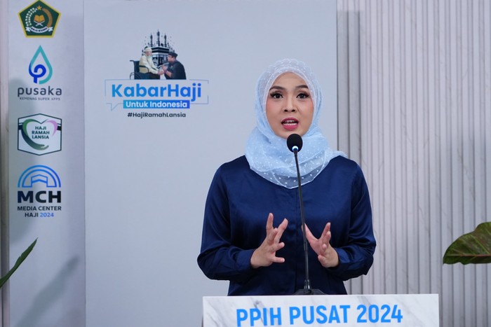 Anggota Tim Media Center Kementerian Agama (Kemenag) Widi Dwinanda dalam konferensi pers, Rabu (29/5/2024).