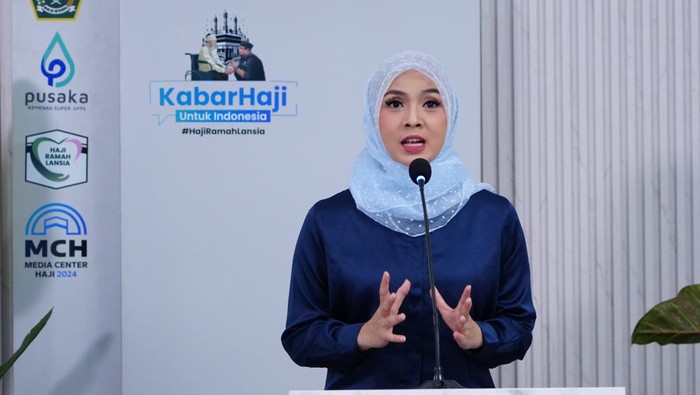 Anggota Tim Media Center Kementerian Agama (Kemenag) Widi Dwinanda dalam konferensi pers, Rabu (29/5/2024).