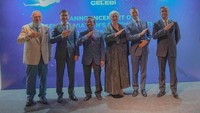 Can Celebioglu, Ketua Dewan Layanan Penerbangan Celebi; Celebioglu, Ketua Dewan Penerbangan Celebi Group. Dave Dorner, CEO Grup Celebi Aviation; Murali Ramachandran, Presiden India & Asia Tenggara Penerbangan Celebi; Talip Kucukcan, Duta Besar Turki untuk Indonesia; saat konferensi pers di Jakarta, Kamis (30/5/2024).