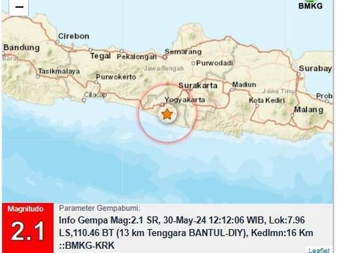 Gempa darat M 2,1 pukul 12.12 WIB di Bantul, Kamis (30/5/2024).