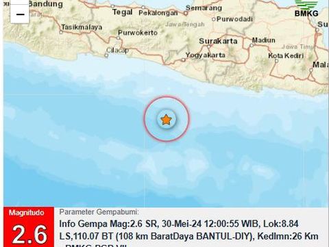 Gempa M 2,6 di perairan Bantul pukul 12.00 WIB, Kamis (30/5/2024).