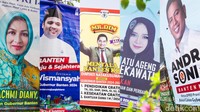 Baliho bergambar bakal cagub Banten bertebaran di kawasan Tangerang Selatan, Kamis (30/5/2024). Meski masa kampanye dan penetapan KPU belum mulai, tetapi wajah-wajah bakal cagub Banten sudah mulai terlihat.  