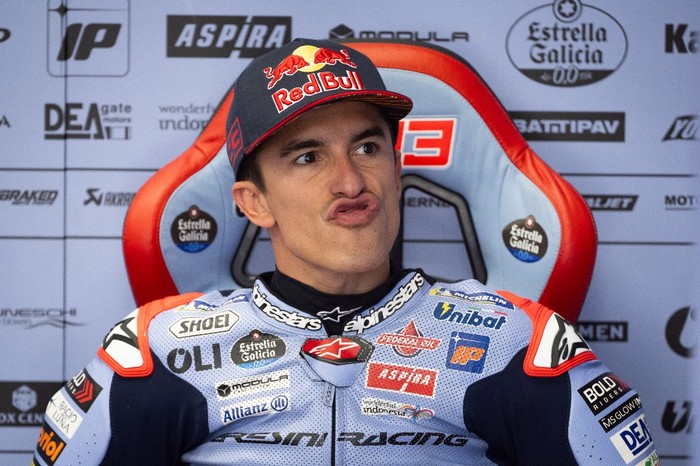 Ducati Spanish rider Marc Marquez is pictured in the box during the second MotoGP free practice session of the Moto Grand Prix of Catalonia at the Circuit de Catalunya on May 25, 2024 in Montmelo on the outskirts of Barcelona. (Photo by Josep LAGO / AFP) / The erroneous mention[s] appearing in the metadata of this photo by Josep LAGO has been modified in AFP systems in the following manner: [Ducati Spanish rider Marc Marquez] instead of [Ducati Spanish rider Alex Marquez]. Please immediately remove the erroneous mention[s] from all your online services and delete it (them) from your servers. If you have been authorized by AFP to distribute it (them) to third parties, please ensure that the same actions are carried out by them. Failure to promptly comply with these instructions will entail liability on your part for any continued or post notification usage. Therefore we thank you very much for all your attention and prompt action. We are sorry for the inconvenience this notification may cause and remain at your disposal for any further information you may require.