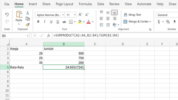 Rumus rata-rata Ms Excel