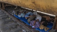 Mereka beristirahat di bawah gerbong kereta saat cuaca panas.  
