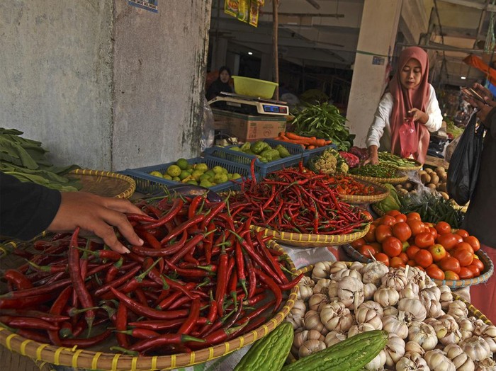 Pedagang sayur memilih cabai merah di Pasar Induk Rau Kota Serang, Banten, Jumat (31/5/2024). Menurut pedagang sejak dua hari lalu harga cabai merah keriting naik dari Rp65 ribu menjadi Rp72 ribu per kilogram dan harga cabai merah besar naik dari Rp52 ribu menjadi Rp69 ribu per kilogram akibat permintaan naik dan pasokan tidak bertambah. ANTARA FOTO/Asep Fathulrahman/foc.