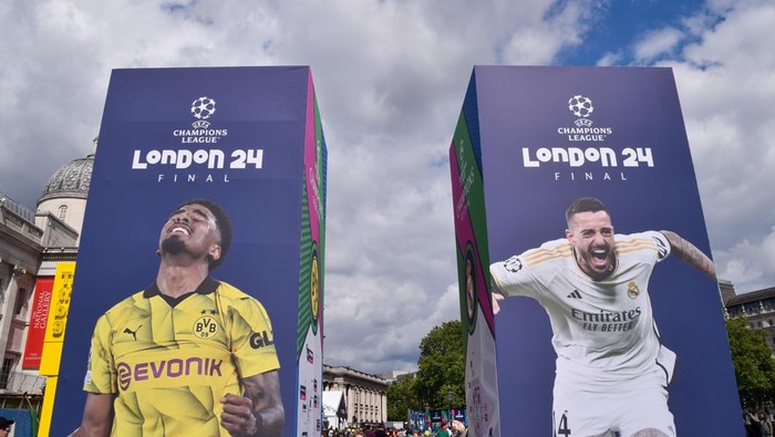 LONDON, UNITED KINGDOM - 2024/05/30: Pictures of football players are seen during The Champions League Festival in Trafalgar Square ahead of the final match. Borussia Dortmund will face off with Real Madrid at Wembley Stadium on 1st June. (Photo by Vuk Valcic/SOPA Images/LightRocket via Getty Images)