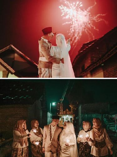 Foto pernikahan Zukha dan Fahmi yang menggelar akad nikah pada malam hari dihiasi dengan kembang api, bisa jadi inspirasi. Hasil fotonya langsung viral di TikTok dan mencuri atensi warganet