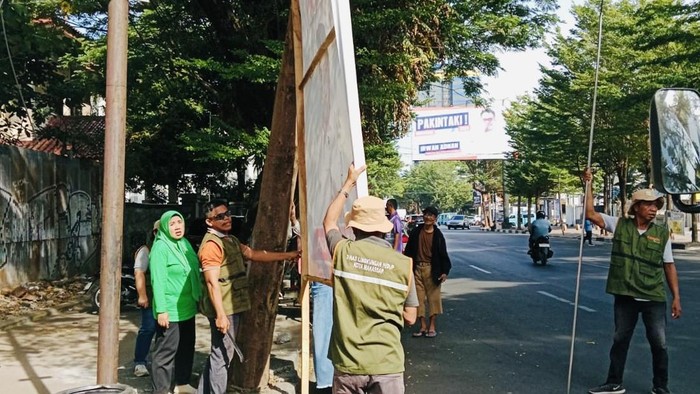Penertiban baliho hingga spanduk dipaku di pohon di Makassar.