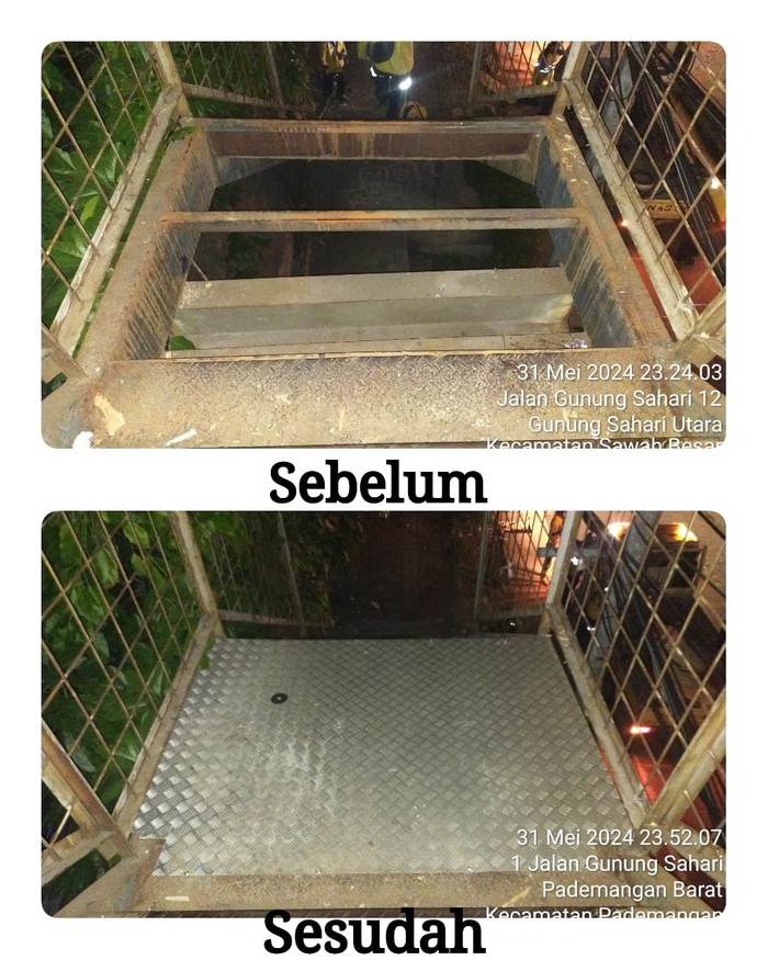 Bolongnya lantai atau permukaan JPO Stasiun Kampung Bandan, Pademangan, Jakut viral di medsos. Besi tersebut diduga hilang karena dicuri. (dok Bina Marga Jakut)