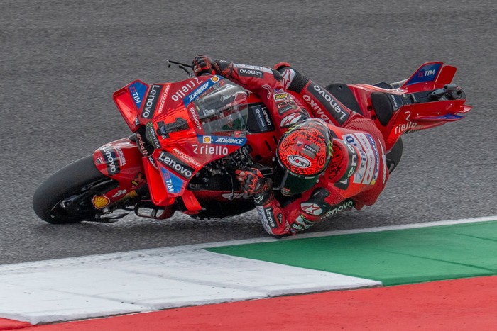 SCARPERIA, ITALY - MAY 31: Francesco Pecco Bagnaia of Italy and Ducati Lenovo Team rides the fatest lap during the free practice session of MotoGP of Italy at Mugello Circuit on May 31, 2024 in Scarperia, Italy. (Photo by Olivier Anrigo/Getty Images)