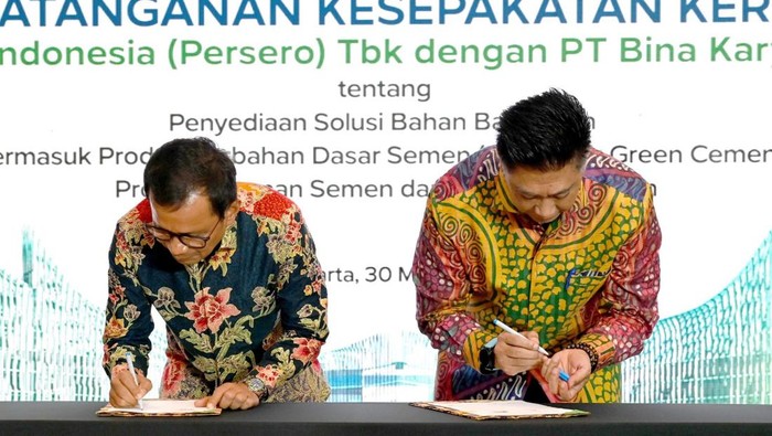 Badan Usaha Otorita, PT Bina Karya menandatangani kerja sama dengan PT Semen Indonesia (Persero) Tbk (SIG) untuk memasok kebutuhan semen ramah lingkungan dan rendah emisi untuk proyek pembangunan di Ibu Kota Nusantara (IKN).