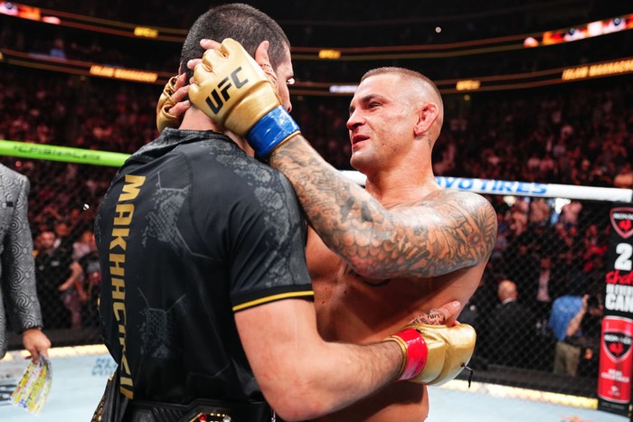 NEWARK, NEW JERSEY - JUNE 01: (R-L) Dustin Poirier and Islam Makhachev of Russia talk after in the UFC lightweight championship fight during the UFC 302 event at Prudential Center on June 01, 2024 in Newark, New Jersey. (Photo by Jeff Bottari/Zuffa LLC via Getty Images)