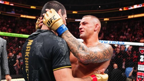 NEWARK, NEW JERSEY - JUNE 01: (R-L) Dustin Poirier and Islam Makhachev of Russia talk after in the UFC lightweight championship fight during the UFC 302 event at Prudential Center on June 01, 2024 in Newark, New Jersey. (Photo by Jeff Bottari/Zuffa LLC via Getty Images)