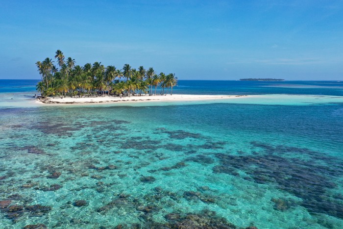 San Blas reefs small island with coconut trees