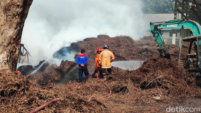 Petugas berusaha memadamkan kebakaran di gudang pabrik minyak kayu putih Sendang Mole di dalam hutan Bunder, Kabupaten Gunungkidul, Senin (3/6/2024).