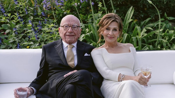 This image provided by News Corp. shows Rupert Murdoch and Elena Zhukova posing for a photo, Saturday, June 1, 2024 during their wedding ceremony at his vineyard estate in Bel Air, Calif. (News Corp.  via AP)