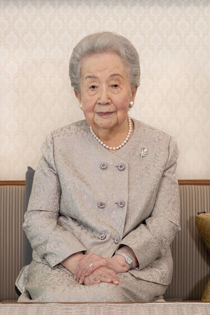 In this handout photo released by the Imperial Household Agency of Japan on June 4, 2023, Princess Yuriko, wife of the late Prince Mikasa, poses at her palace residence reception room in Tokyo on May 22, 2023. Princess Yuriko, whose husband died in 2016 at the age of 100, marks her 100th birthday on June 4. (Imperial Household Agency via AP)