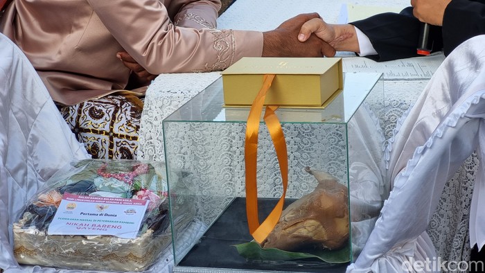 Pernikahan massal unik di Sabdodadi, Bantul, dengan mahar kepala kambing, Selasa (4/6/2024).