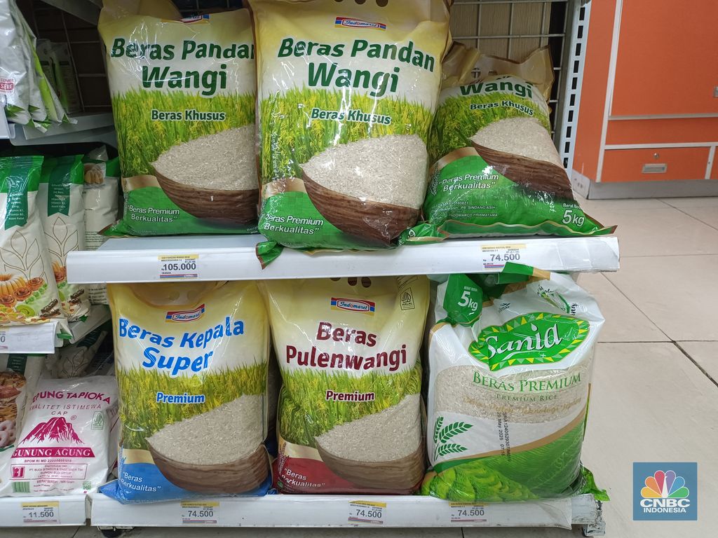 Stok beras di gerai ritel modern daerah DKI Jakarta berlimbah dan dijual sesuai HET beras yang ditetapkan pemerintah, Selasa (4/6/2024). (CNBC Indonesia/Martyasari Rizki)
