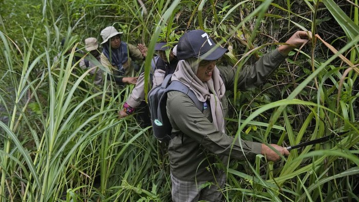 Rangers start a fire as they take a break during a forest patrol in Damaran Baru, Aceh province, Indonesia, Tuesday, May 7, 2024. The female-led group of forest rangers are defying social norms to lead patrols in the jungle to combat deforestation. (AP Photo/Dita Alangkara)