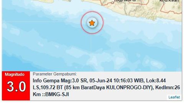 Gempa bumi M 3 goyang perairan barat daya Kulon Progo, Rabu (5/6/2023).
