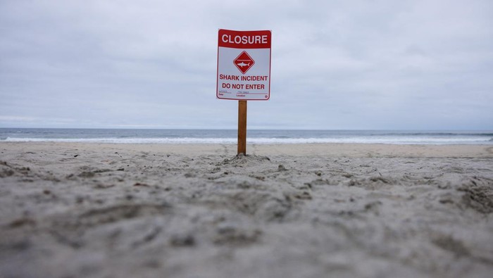 A posted sign warns swimmers and surfers to keep out of the water as officials keep the beach closed a day following a shark attack on a swimmer in Del Mar, California, U.S., June 3, 2024.   REUTERS/Mike Blake