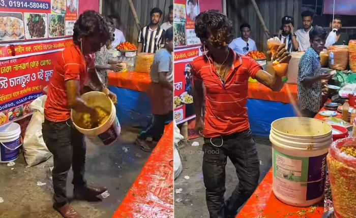 Mengaduk Makanan Pakai Ember Bekas Cat, Penjual Ini Viral