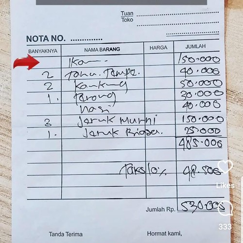 Tangkapan layar rincian tagihan seorang wisatawan saat makan ikan di Labuan Bajo, Manggarai Barat, NTT..