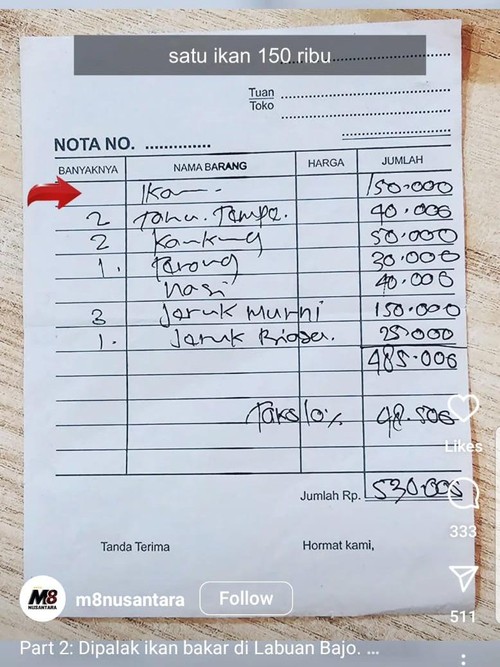 Tangkapan layar rincian tagihan seorang wisatawan saat makan ikan di Labuan Bajo, Manggarai Barat, NTT..
