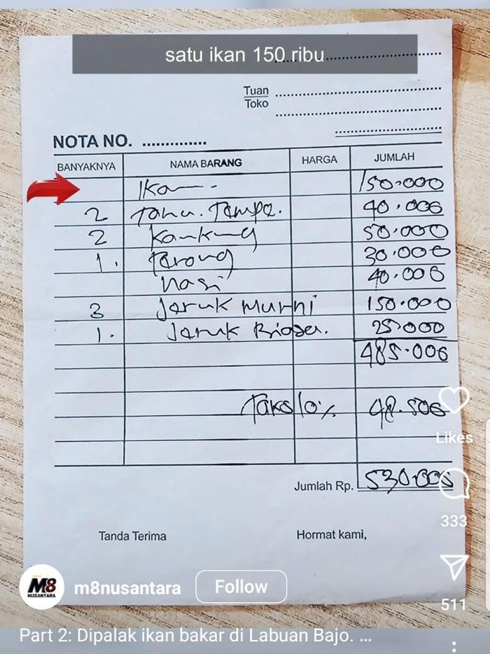 Tangkapan layar rincian tagihan seorang wisatawan saat makan ikan di Labuan Bajo, Manggarai Barat, NTT..