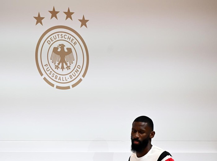05 June 2024, Bavaria, Herzogenaurach: Soccer: National team, European Championship preparation, training camp, training, Germanys Antonio Rüdiger arrives at the press conference. Photo: Federico Gambarini/dpa (Photo by Federico Gambarini/picture alliance via Getty Images)