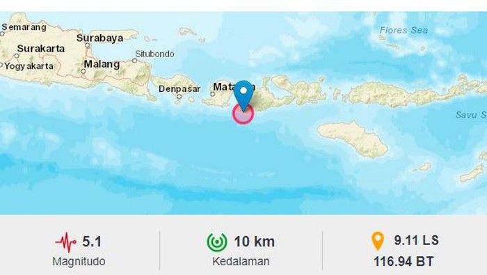 Gempa magnitudo 5,1 mengguncang wilayah Sumbawa Barat, NTB, pukul 21.15 Wita, Kamis (6/6/2024) malam ini. Getaran gempa terasa hingga di Kota Denpasar, Bali. (Istimewa)