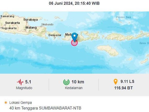 Gempa magnitudo 5,1 mengguncang wilayah Sumbawa Barat, NTB, pukul 21.15 Wita, Kamis (6/6/2024) malam ini. Getaran gempa terasa hingga di Kota Denpasar, Bali. (Istimewa)