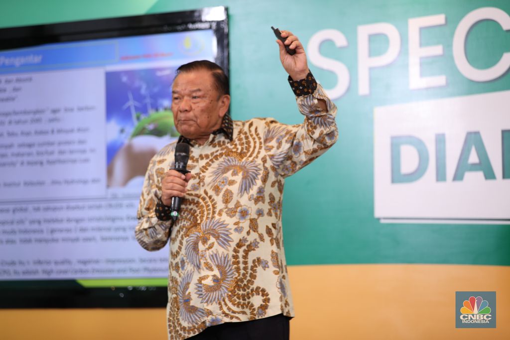 Ketua Umum Dewan Sawit Minyak Indonesia (DMSI), Sahat Sinaga saat memberikan pemaparan dalam Special Dialogue APKASINDO di Menara Tendean, Jakarta Selatan, Kamis (6/6/2024). (CNBC Indonesia/Tri Susilo)