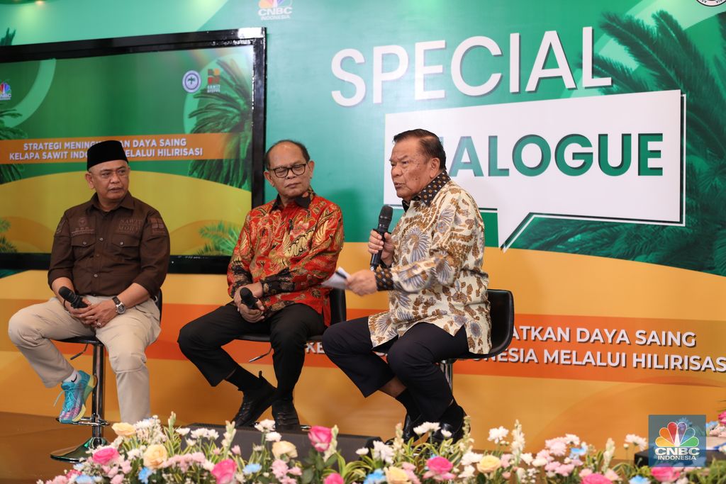 Ketua Umum Dewan Sawit Minyak Indonesia (DMSI), Sahat Sinaga saat memberikan pemaparan dalam Special Dialogue APKASINDO di Menara Tendean, Jakarta Selatan, Kamis (6/6/2024). (CNBC Indonesia/Tri Susilo)