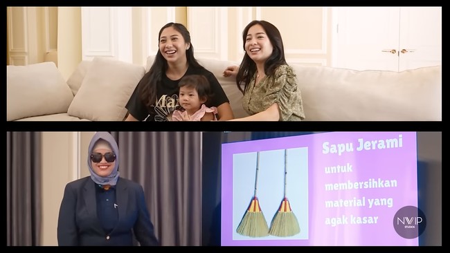 Melalui video di akun YouTube pribadinya Nikita Willy membagikan momen dirinya belajar menyapu dan mengepel. Pembelajaran tersebut diawali dengan pengenalan beragam jenis sapu dan setrika. Foto: YouTube/Nikita Willy Official