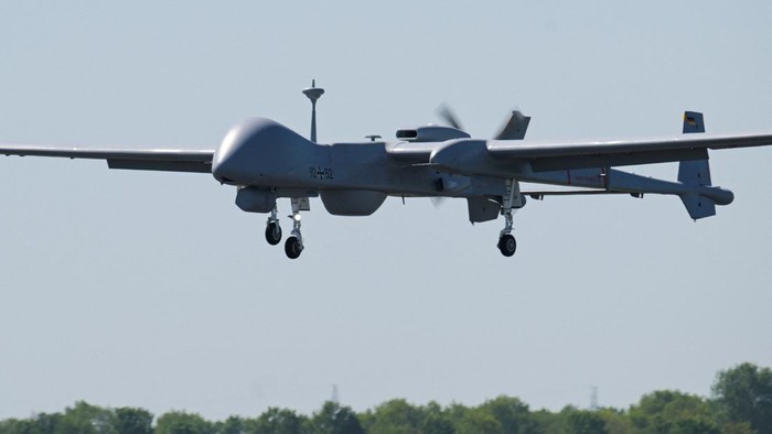 German Heron TP combat drone is pictured after landing on the day it makes its first official flight over a military airport in Jagel, Germany, May 15, 2024. REUTERS/Fabian Bimmer