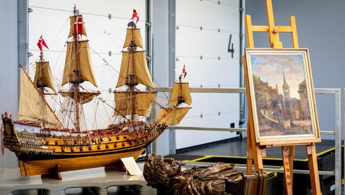 Artworks rescued from Boersen during the fire are displayed at the National Museum's warehouse in Vinge on Tuesday, June 4, 2024. Among the displayed artifacts is a model of a ship, which Christian 4th ordered built in Norway as his new Royal Ship, a copy of a bronze bust of Christian IV, 66 years old, modeled by Francois Dieussart and several paintings with water and handling damage. The Boersen in Copenhagen burned on April 16, 2024. More than 300 artifacts were rescued from the burning building.  Ritzau Scanpix/Ida Marie Odgaard via REUTERS    ATTENTION EDITORS - THIS IMAGE WAS PROVIDED BY A THIRD PARTY. DENMARK OUT. NO COMMERCIAL OR EDITORIAL SALES IN DENMARK.