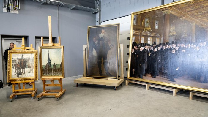 Artworks rescued from Boersen during the fire are displayed at the National Museum's warehouse in Vinge, Denmark, on Tuesday, June 4, 2024. Boersen in Copenhagen caught fire on April 16, 2024. More than 300 art objects were saved from the burning building. (Ida Marie Odgaard/Ritzau Scanpix via AP)