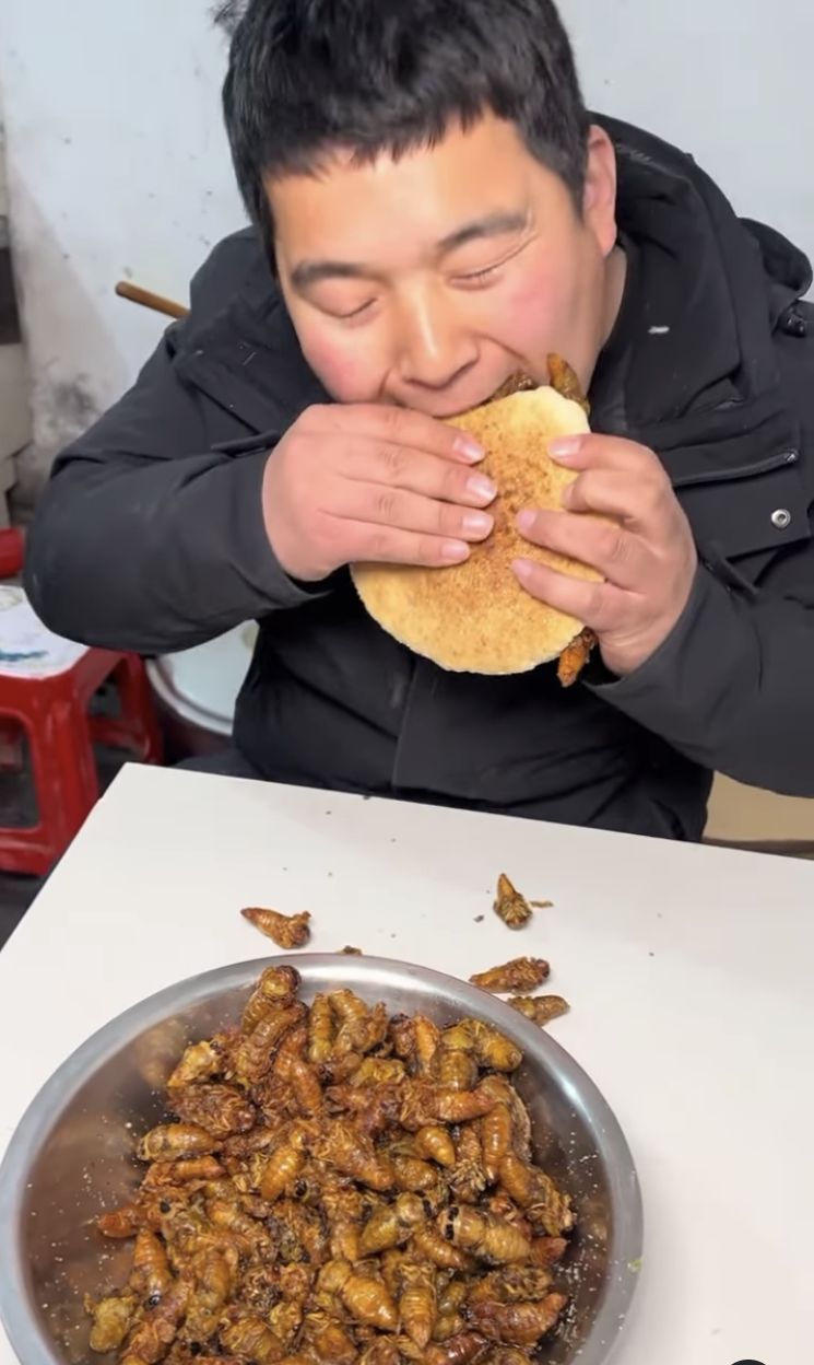 Ngeri! Pria Ini Mukbang Burger Isi Ulat Sagu Goreng