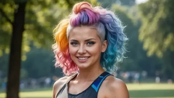 Sekitar 1.500 gadis hasil AI dikirimkan oleh kreator dari seluruh dunia, namun hanya 10 di antaranya yang masuk daftar finalis. Ini adalah Aiyana Rainbow (Romania). Dia menyuarakan LGBT, cinta dan keberagaman bentuk. Foto: Fanvue Miss AI