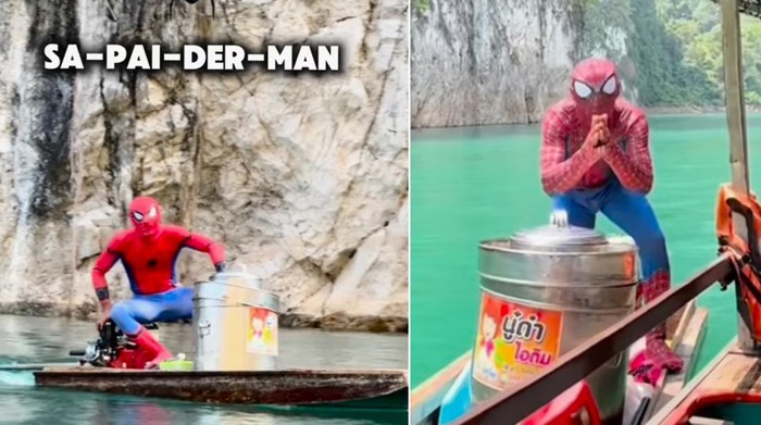 Unik! Ada ‘Spider-Man’ Jualan Es Krim di Atas Perahu