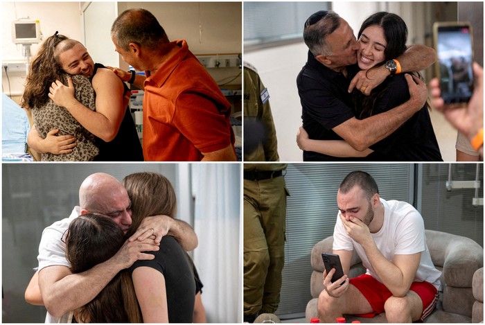 Demi Bebaskan 4 Sandera, Israel Bunuh 274 Warga Gaza di Pengungsian Nuseirat A combination picture shows (clockwise from top left) former hostages Almog Meir Jan, Noa Argamani, Andrey Kozlov and Shlomi Ziv who were held by Palestinian Islamist group Hamas in Gaza and rescued more than eight months later in a special operation by Israeli forces in the Gaza Strip, after their arrival in Ramat Gan, Israel June 8, 2024. Israeli Army/Handout via Reuters THIS IMAGE HAS BEEN SUPPLIED BY A THIRD PARTY TPX IMAGES OF THE DAY
