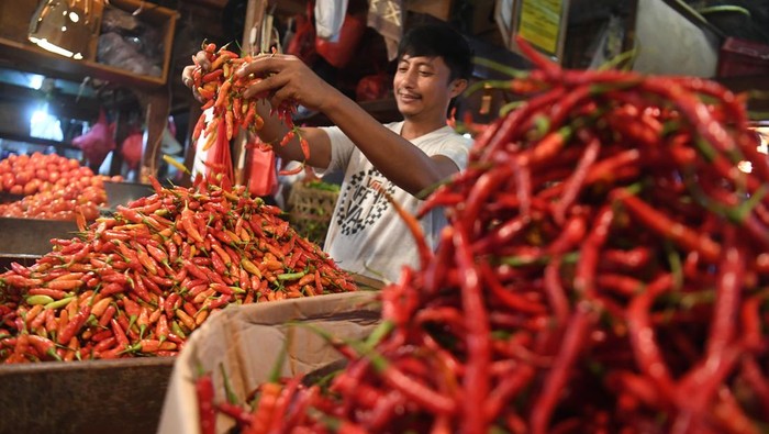 Pedagang menimbang cabai rawit merah di Pasar Senen, Jakarta, Senin (10/6/2024). Berdasarkan data Pusat Informasi Harga Pangan Strategis (PIHPS) Nasional yang diakses pukul 15.15 WIB, menjelang Idul Adha, harga rata-rata nasional cabai rawit merah melambung tinggi menjadi Rp57.900 perkilogram atau naik 8,73 persen dibanding hari sebelumnya. ANTARA FOTO/Akbar Nugroho Gumay/rwa.
