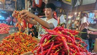 Pedagang menyortir cabai rawit merah di Pasar Senen, Jakarta, Senin (10/6/2024).   